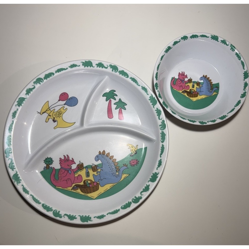 Vintage Melamine Childs Dinosaur Divided Plate Bowl